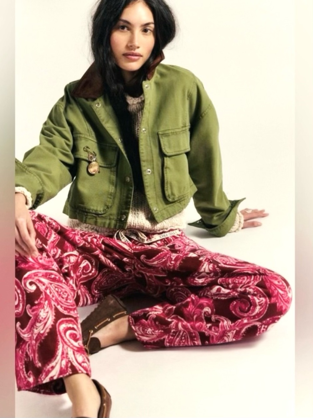 NWT Free People x We The Free Red Paisley Jet Set Wide-Leg Knit Pants